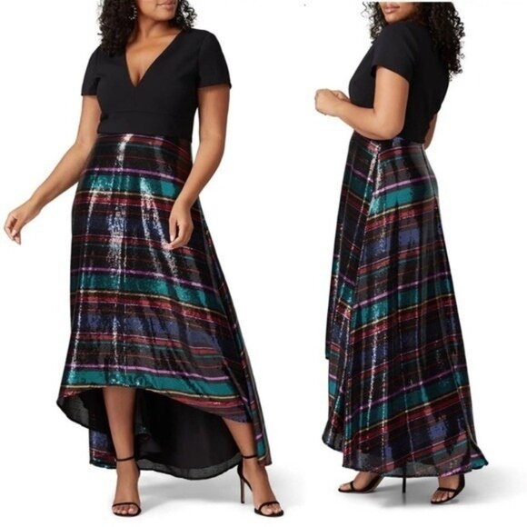 Badgley Mischka Sequin Skirt Gown High Low V Neck Evening Dress Size 6 Sequins - Picture 1 of 6